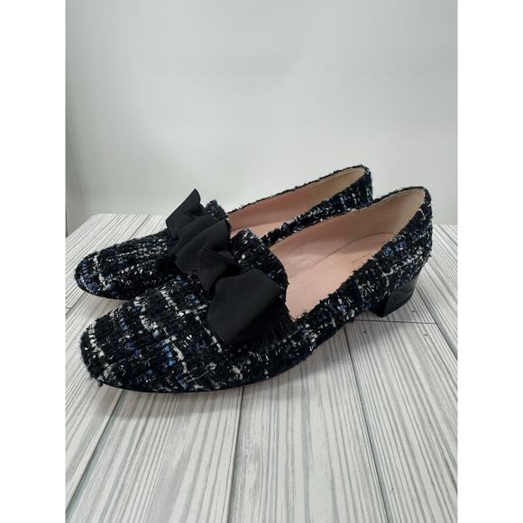 Kate Spade New York Shoes - Kate Spade Blue Gino Tuxedo Tweed Loafer Heels Women’s 8M Black Bow Chunky Heel